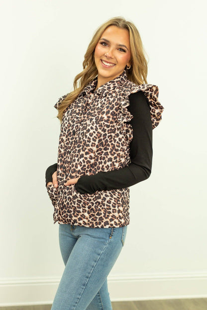 Leopard Quilted Ruffle Vest