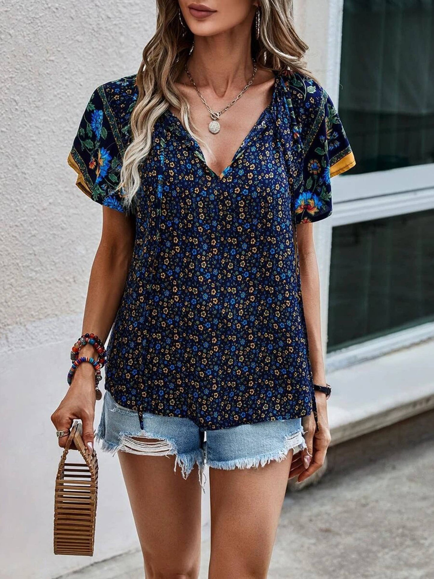 Printed V-neck Short Sleeved Loose Fitting Shirt