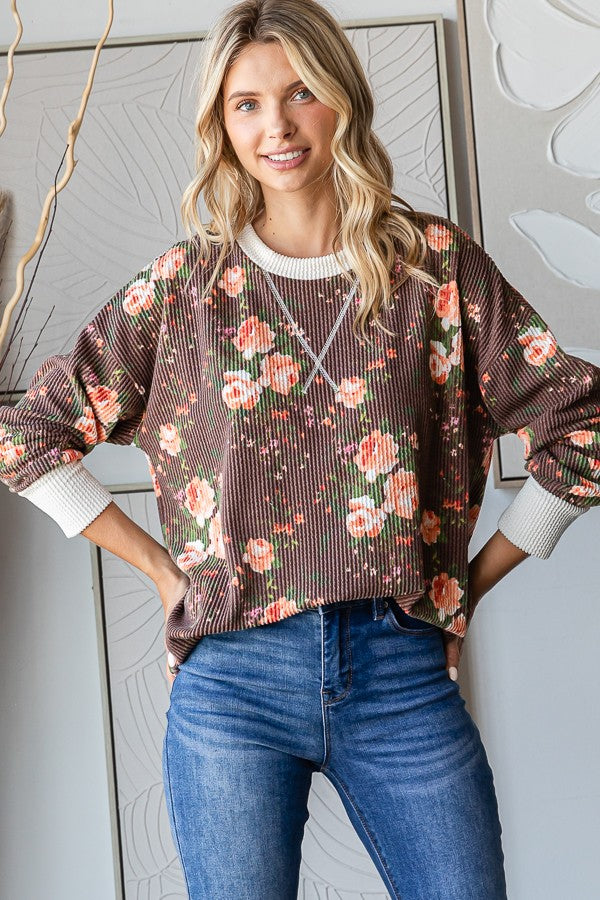 Brown Floral Ribbed Top