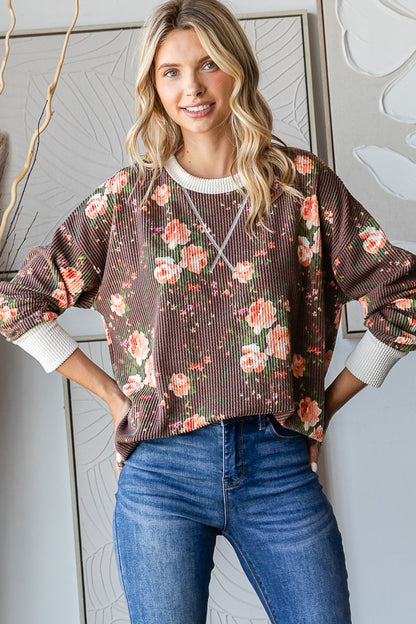 Brown Floral Ribbed Top