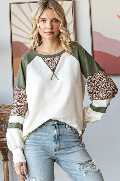 Cream/Olive Leopard Raglan Long Sleeve Top