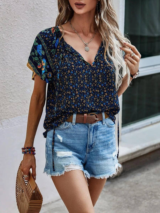 Printed V-neck Short Sleeved Loose Fitting Shirt