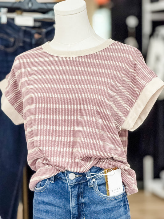 Mauve/Cream Striped Ribbed Top