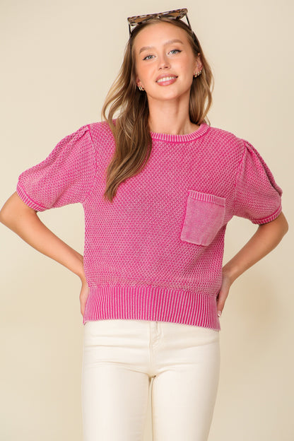Mineral Wash Round Neck Sweater Top