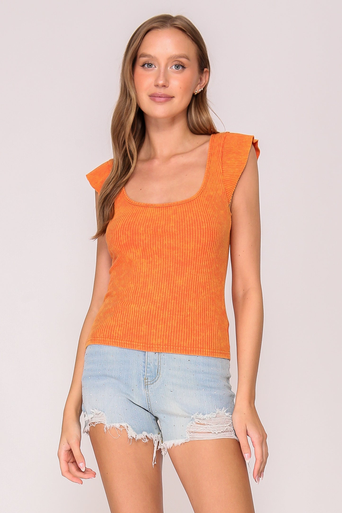 Ribbed Flutter Sleeve Mineral Wash Top