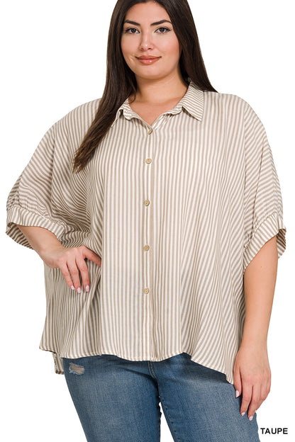 Taupe Stripe Short Sleeve Button Up