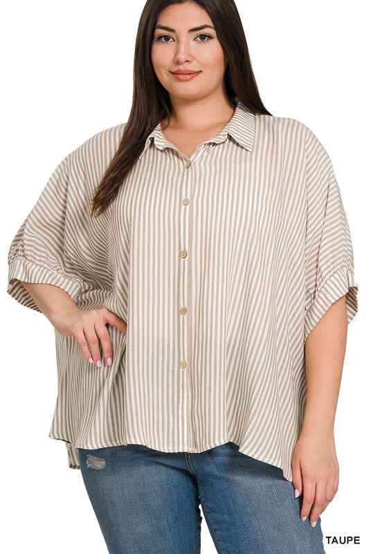 Taupe Stripe Short Sleeve Button Up