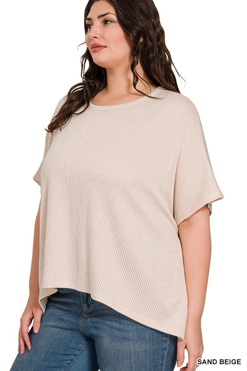 Sand Beige Ribbed Short Sleeve Top
