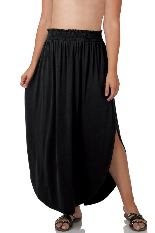 Black Smocking Waist Maxi Skirt