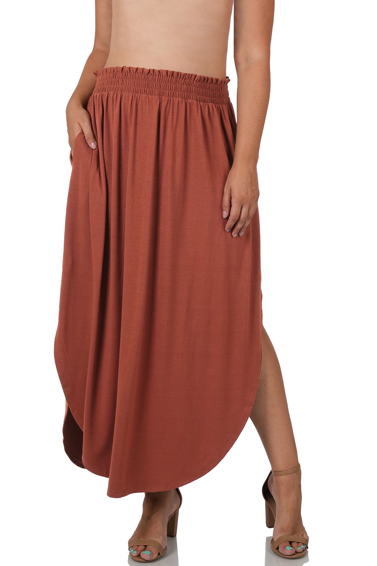 Dark Rust Smocking Waist Maxi Skirt
