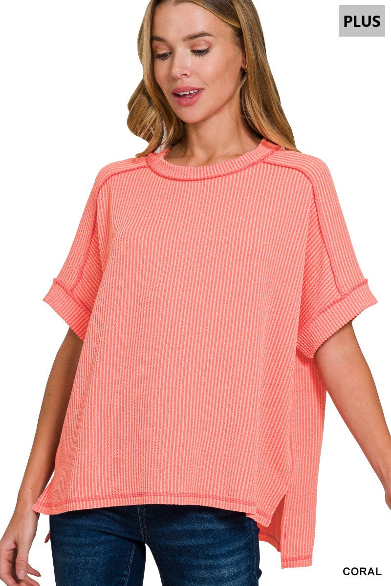 Coral Ribbed Short Sleeve Shirt