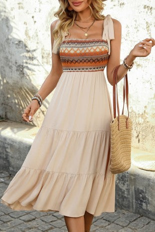 Boho Smocked Bohemian Tie Strap Summer Vacation Dresses