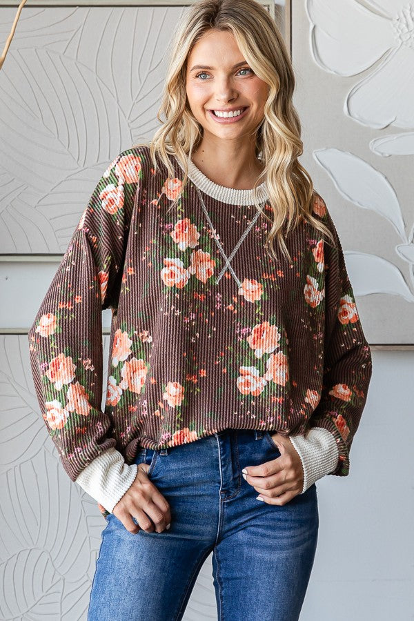 Brown Floral Ribbed Top