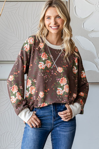Brown Floral Ribbed Top
