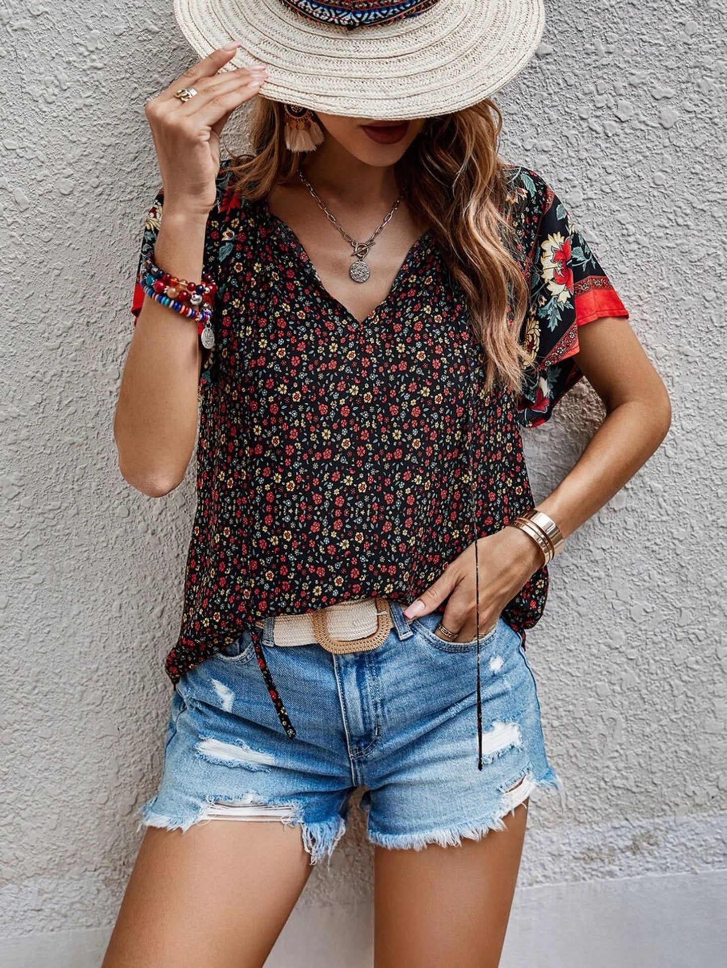 Printed V-neck Short Sleeved Loose Fitting Shirt