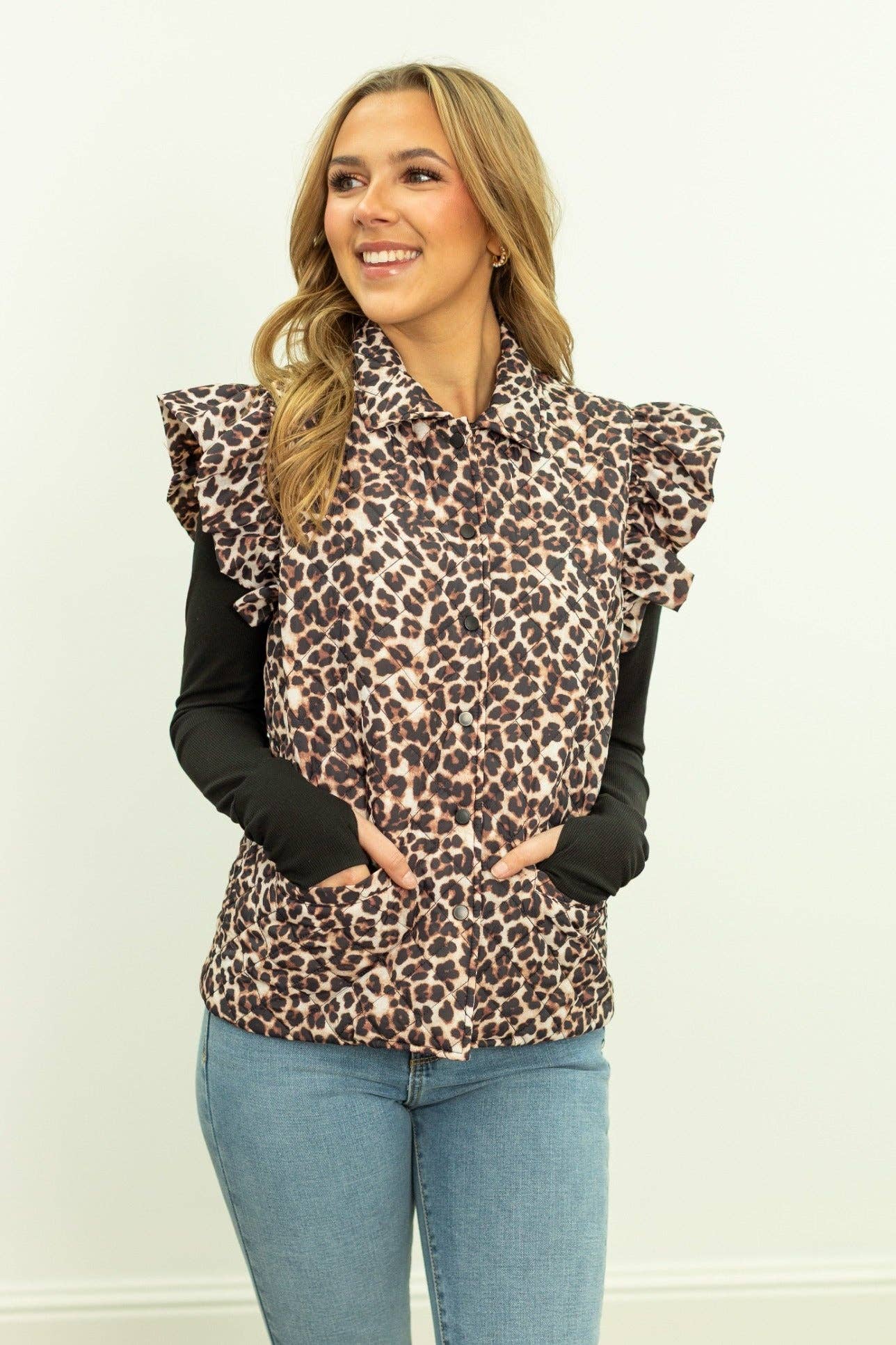 Leopard Quilted Ruffle Vest