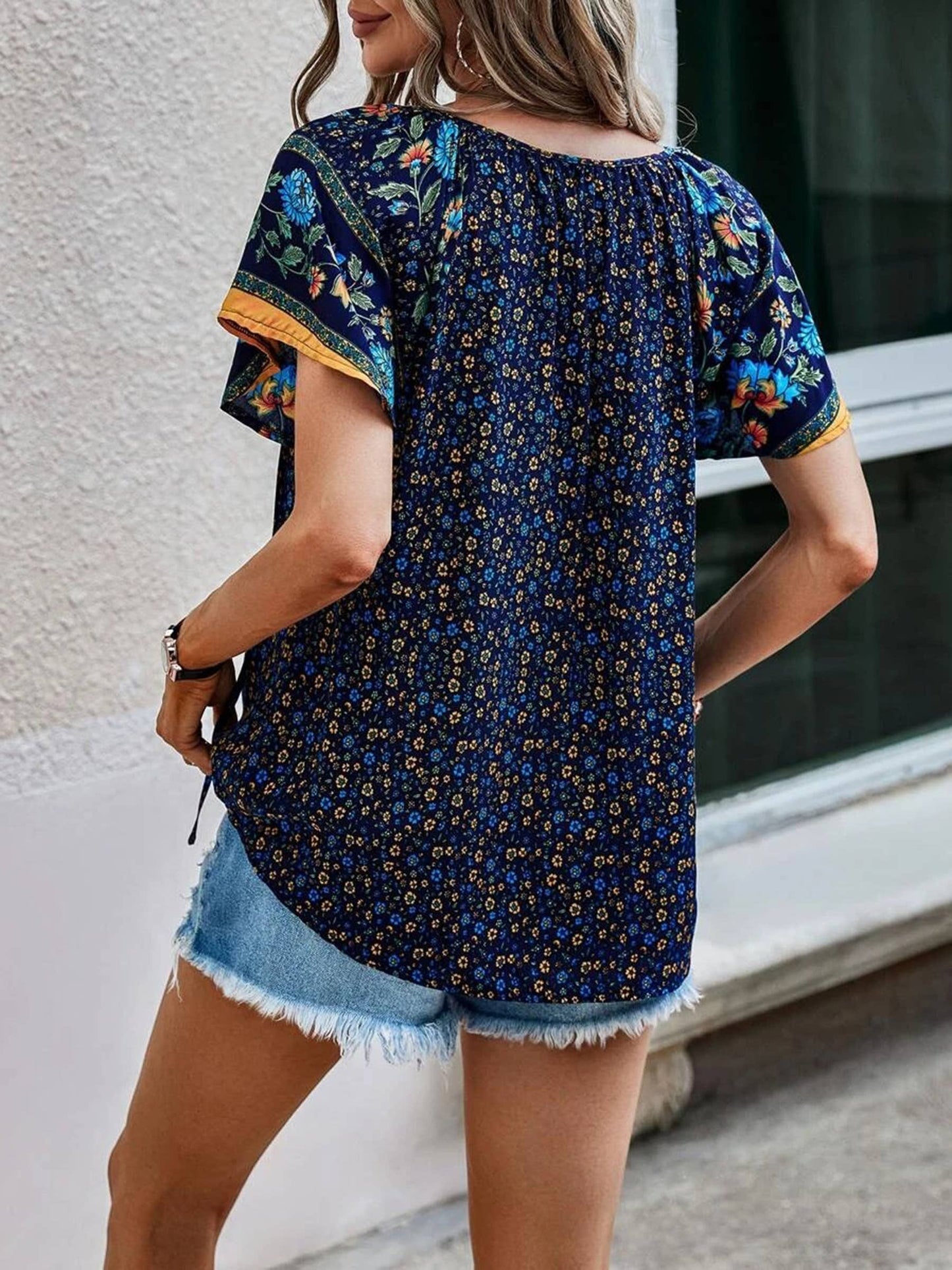 Printed V-neck Short Sleeved Loose Fitting Shirt