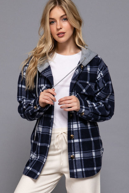 Navy Plaid Button Up Hooded Shacket