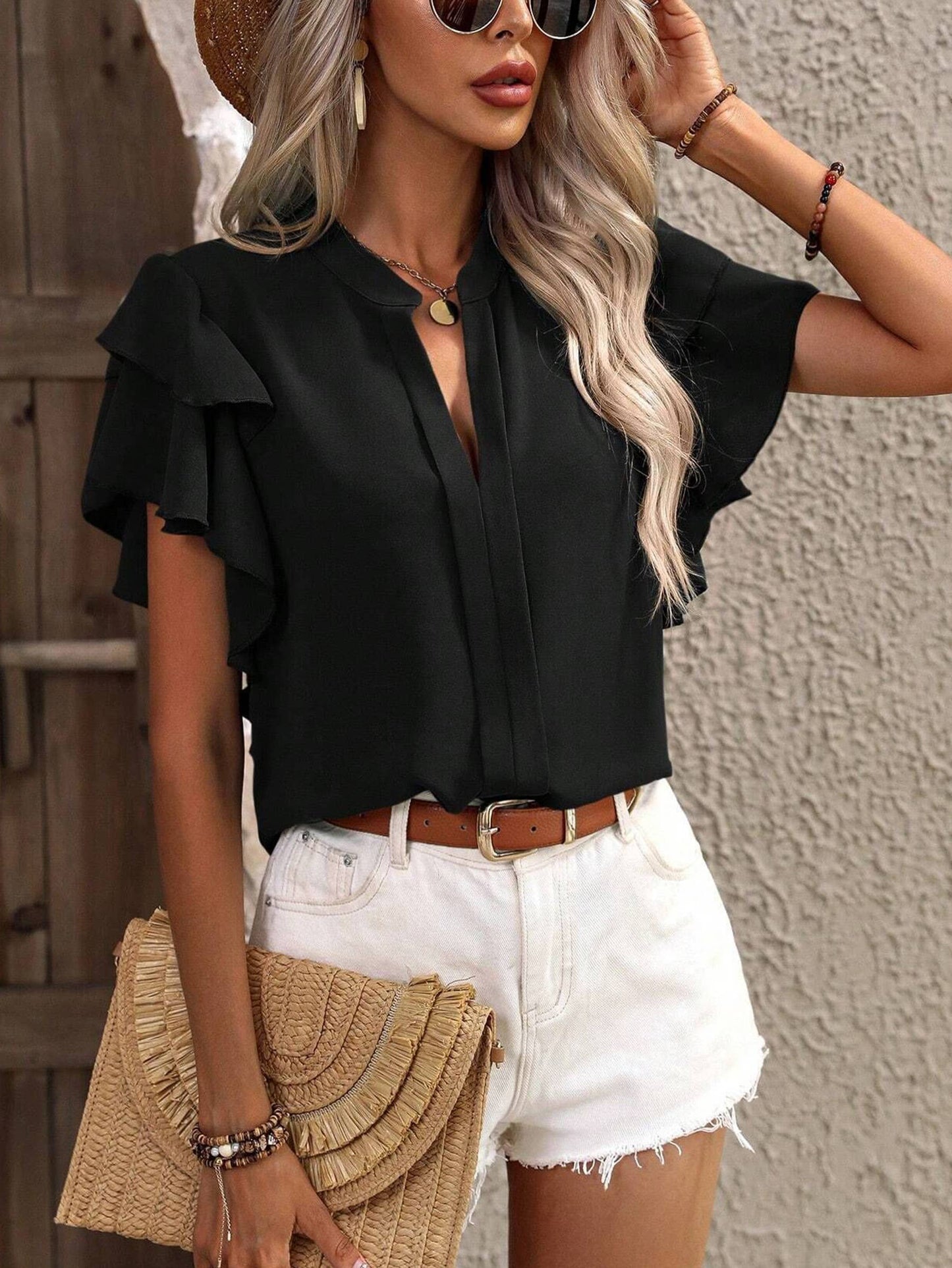 V-neck Casual Double-layer Ruffle Sleeve Solid Color Shirt