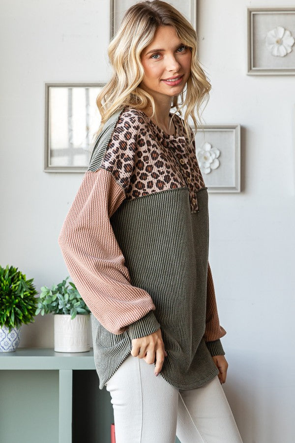 Olive/Camel Ribbed Leopard Top