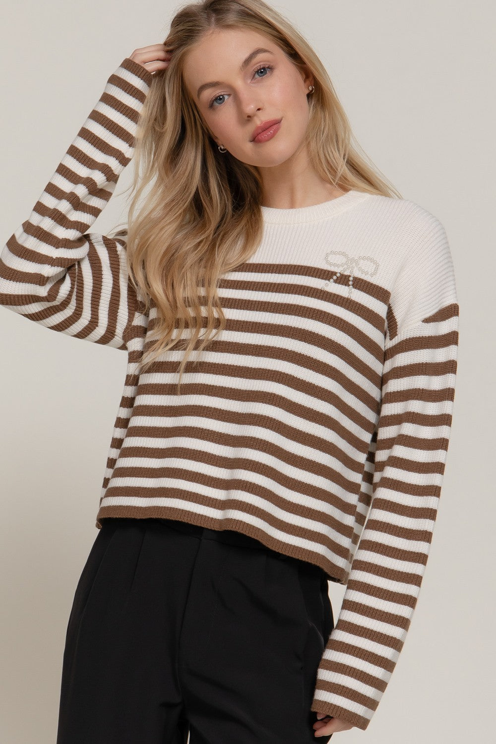 Mocha Stripe Pearl Bow Sweater