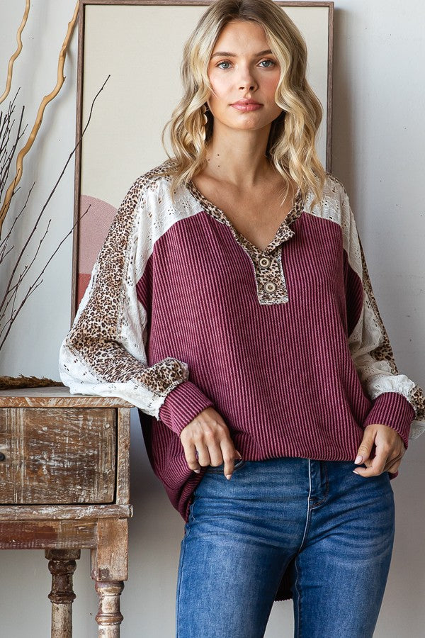 Burgundy Ribble Leopard Lace Detailed Top