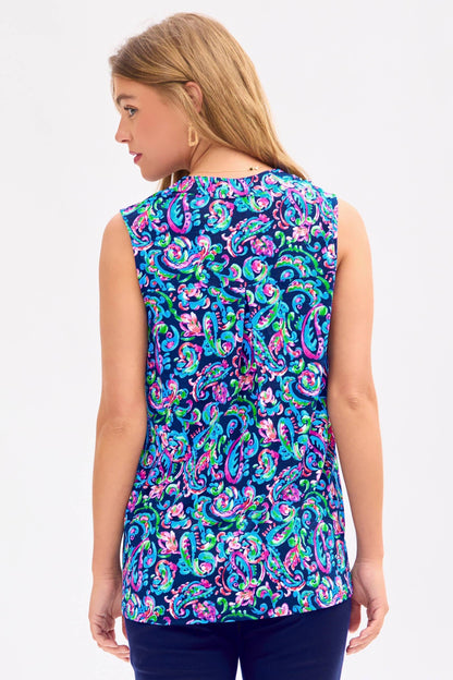 Abstract Print Mandarin Collar Sleeveless Top