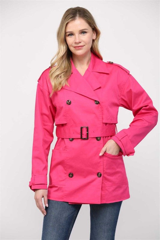 Solid Cotton Double-breasted Belted Jacket