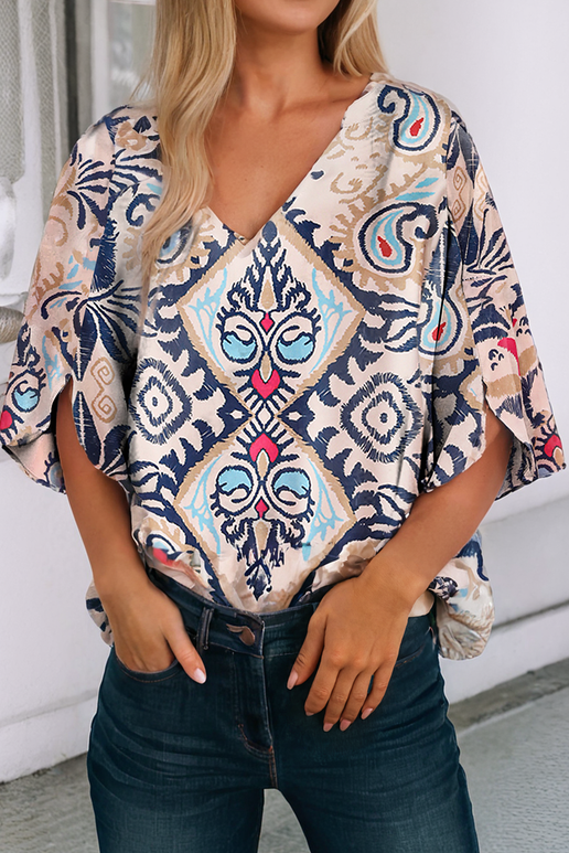 Tan/Navy Tribal Short Sleeve Top